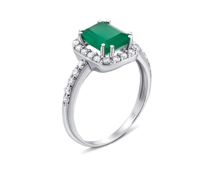 Серебряное кольцо с зеленым агатом и фианитами (1977/9р): купить