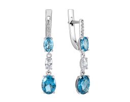 Срібні сережки-підвіски з кварцом London blue та фіанітами (2388/1р-QLB)