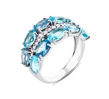 Срібна каблучка з блакитним кварцом, кварцом London blue і фіанітами (1363/1р-QLBQS)