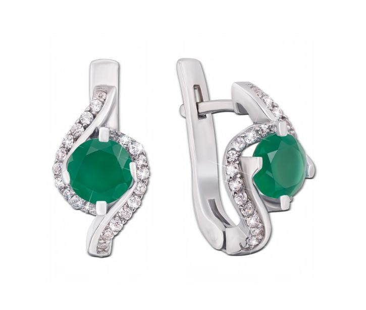 Срібні сережки з зеленим агатом і фіанітами (2165/9р): купить