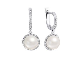 Серебряные серьги-подвески с жемчугом и фианитами (2446/1р-PWT)