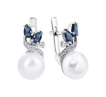 Серебряные серьги с сапфирами, жемчугом и фианитами (2044/1р-PWTHS)