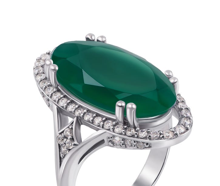 Серебряное кольцо с зеленым агатом и фианитами (1688/9р): недорого