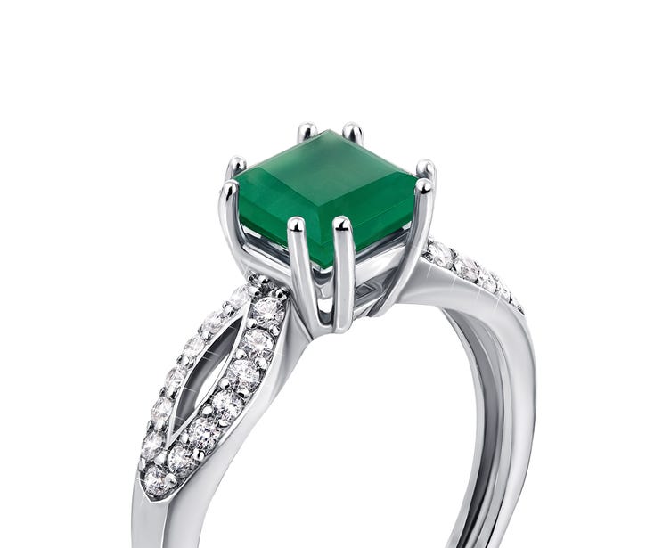 Серебряное кольцо с зеленым агатом и фианитами (1979/9р): недорого