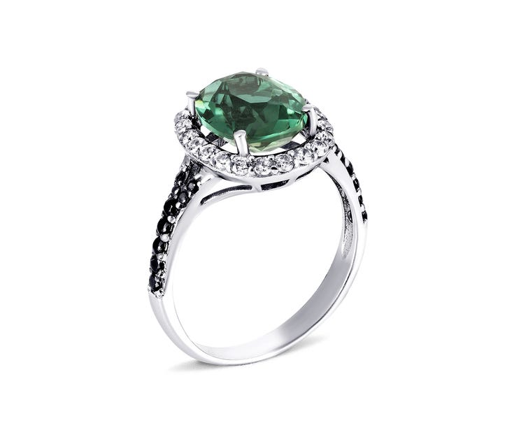 Серебряное кольцо с зеленым кварцем и фианитами (1506чб/1р-QGR)