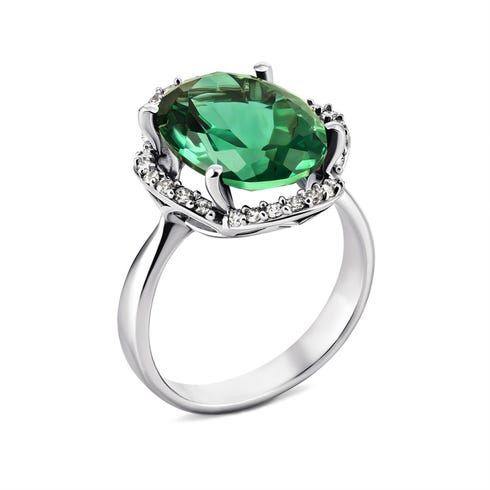 Серебряное кольцо с зеленым кварцем и фианитами (1578/1р-QGR)
