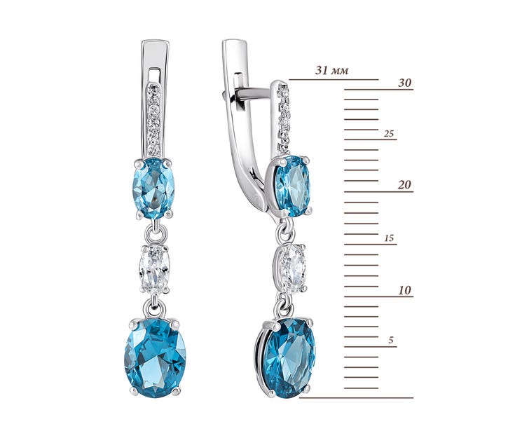Срібні сережки-підвіски з кварцом London blue та фіанітами (2388/1р-QLB): цена