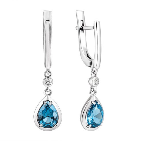 Срібні сережки-підвіски з кварцом London blue та фіанітами (2390/1р-QLB)