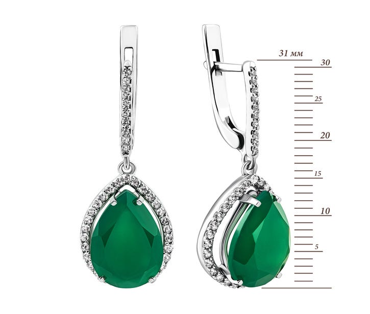 Срібні сережки-підвіски з зеленим агатом і фіанітами (2200/1р-GRAG): цена