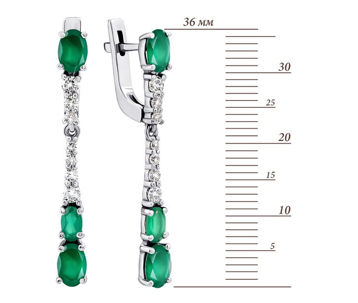 Срібні сережки-підвіски з зеленим агатом і фіанітами (2913/9р-GRAG): цена