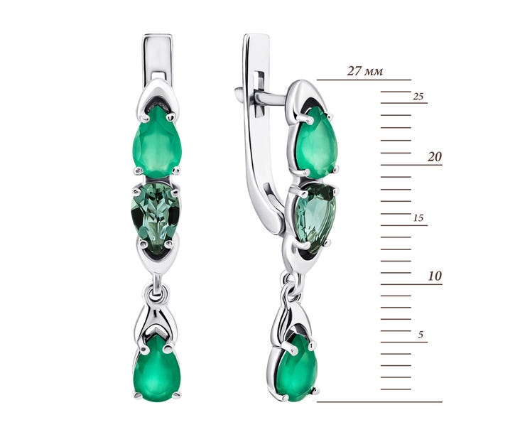 Срібні сережки-підвіски з зеленим агатом, зеленим кварцом (2929/9р-GRAGQG): цена
