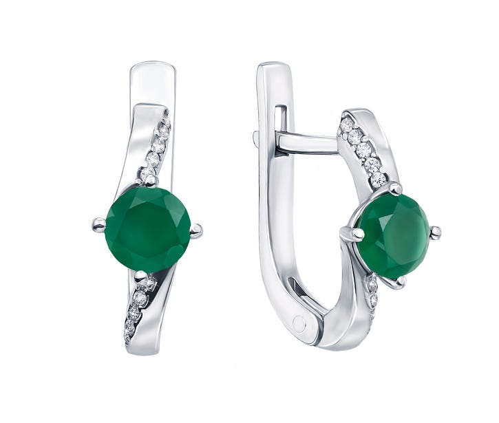 Срібні сережки з зеленим агатом і фіанітами (2167/9р)